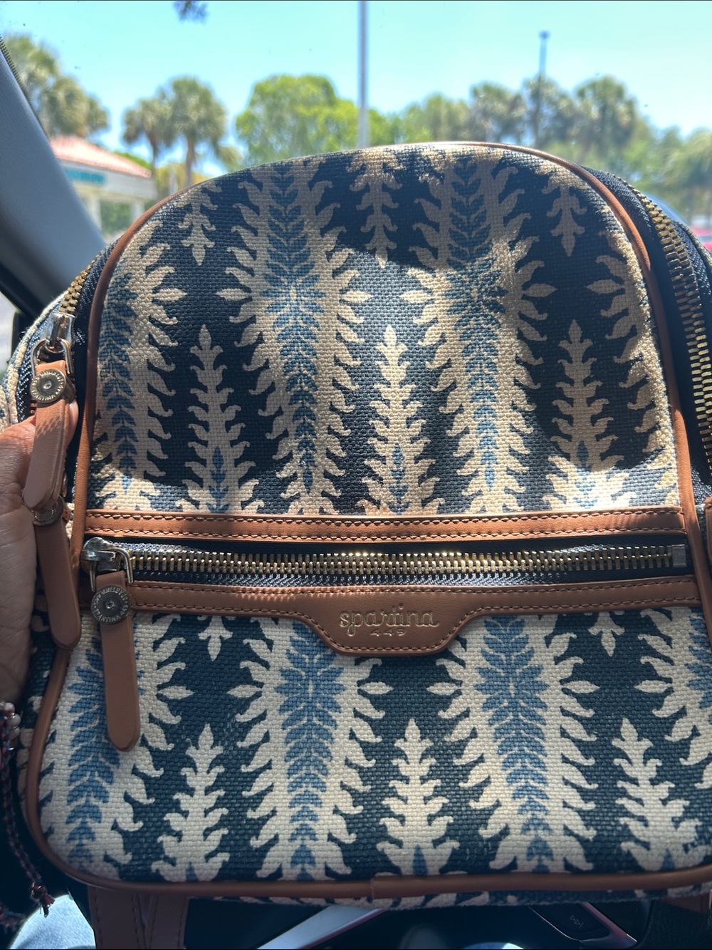 Spartina 449 Navy & Cream Woven Mini Backpack with Tan Trim